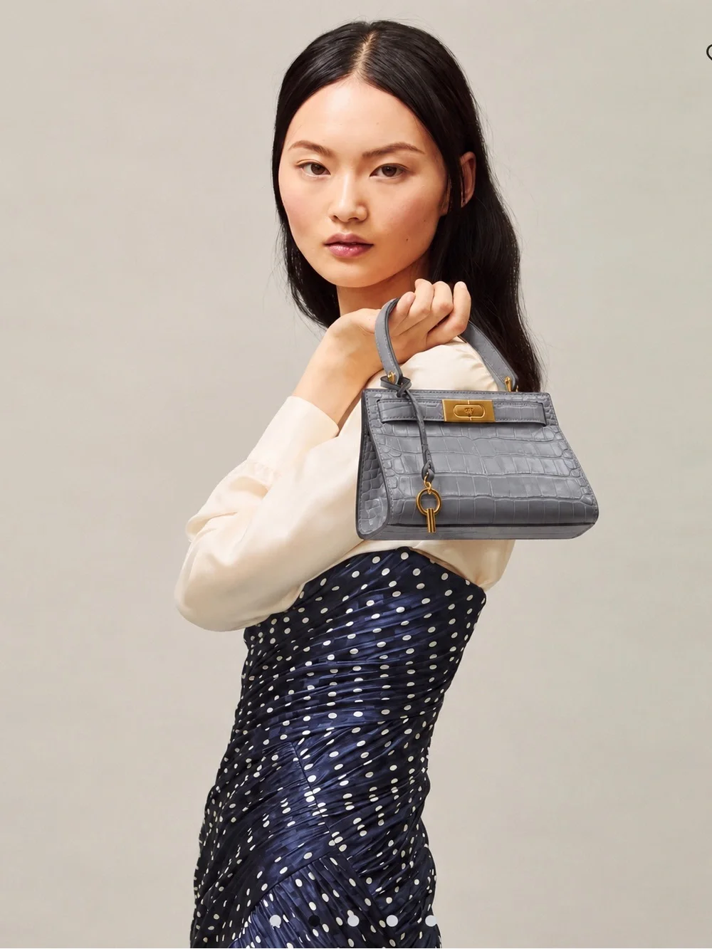 Tory Burch Lee Radziwill Petite Bag in Zinc Gray Crocodile Croc Embossed Leather